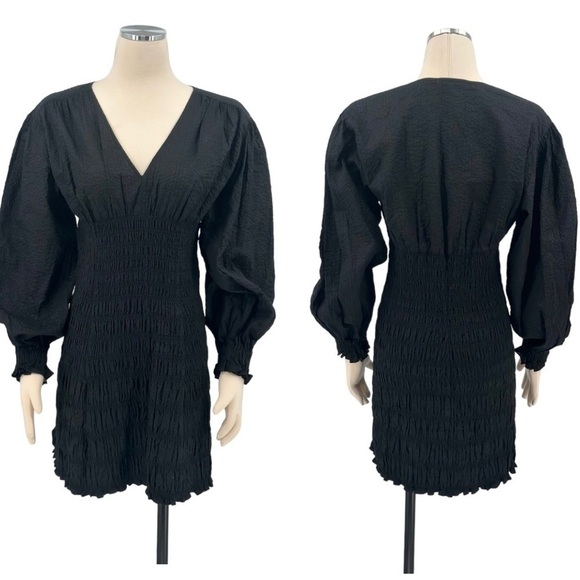 FRAME Denim V neck Smocked Long Sleeve Mini Dress Size Small Black NWT - Picture 7 of 11